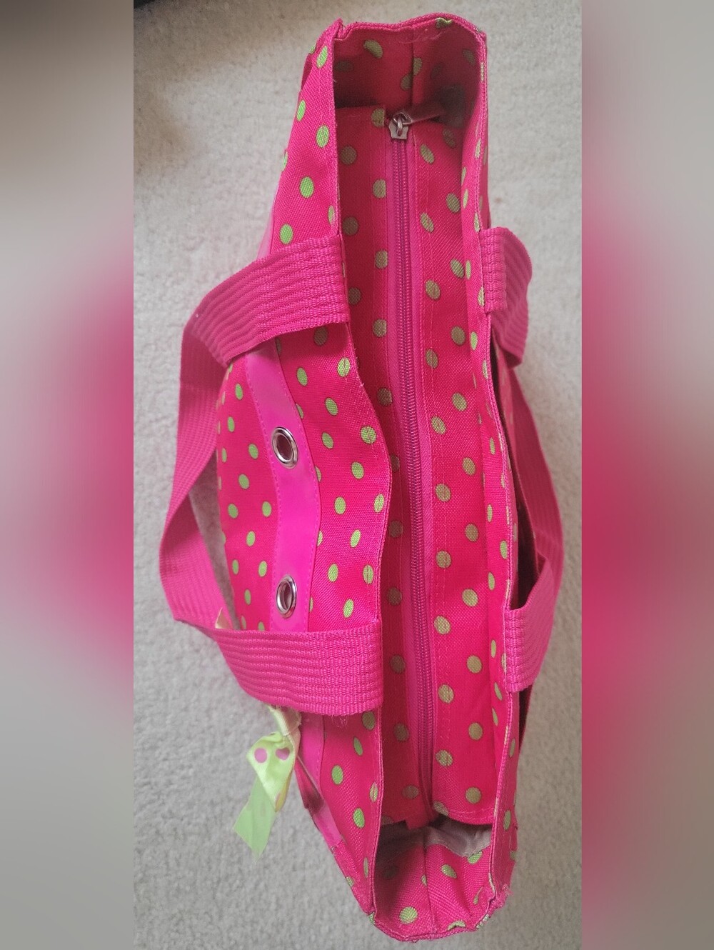 Pink Polka Dot Tote Bag with Lime Bow - Picture 8 of 16